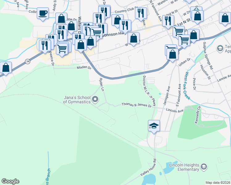 map of restaurants, bars, coffee shops, grocery stores, and more near 415 Ryder Lane in Morristown