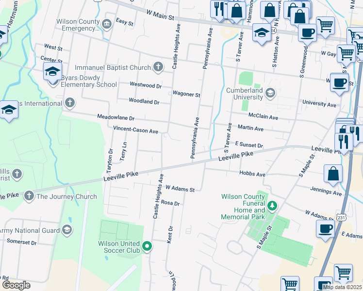 map of restaurants, bars, coffee shops, grocery stores, and more near 615 Moody Court in Lebanon