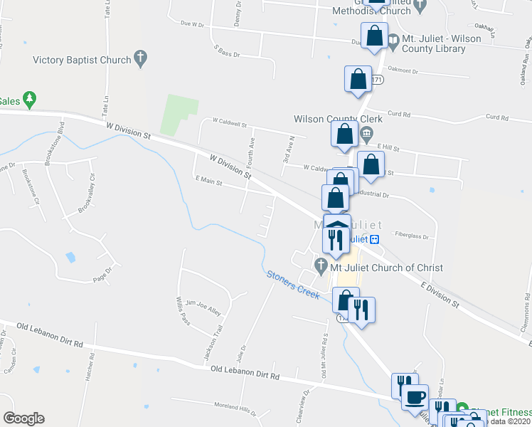 map of restaurants, bars, coffee shops, grocery stores, and more near 101 Hickory Station Lane in Mt. Juliet