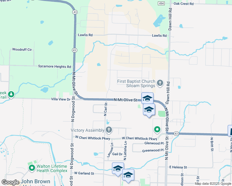 map of restaurants, bars, coffee shops, grocery stores, and more near 701 West Weymouth in Siloam Springs