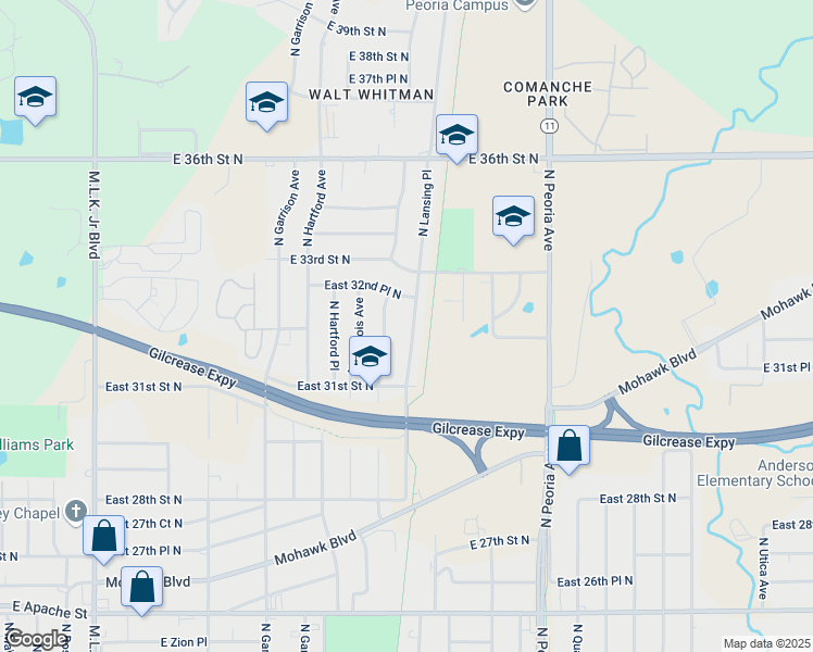 map of restaurants, bars, coffee shops, grocery stores, and more near 3167 North Lansing Place in Tulsa