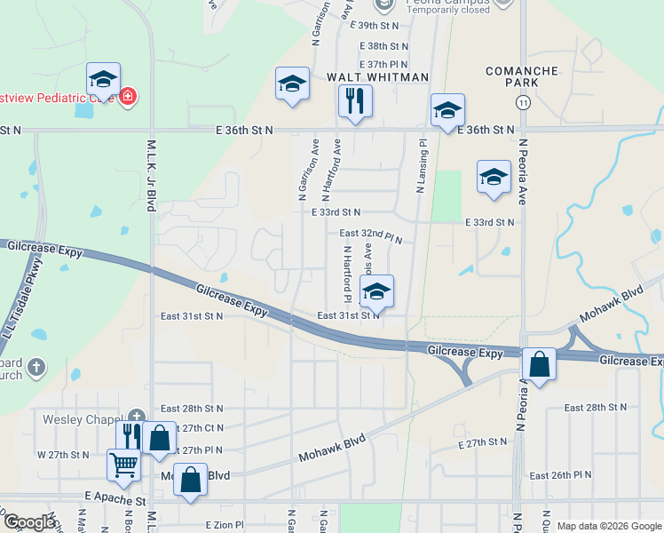 map of restaurants, bars, coffee shops, grocery stores, and more near 3211 North Hartford Avenue in Tulsa