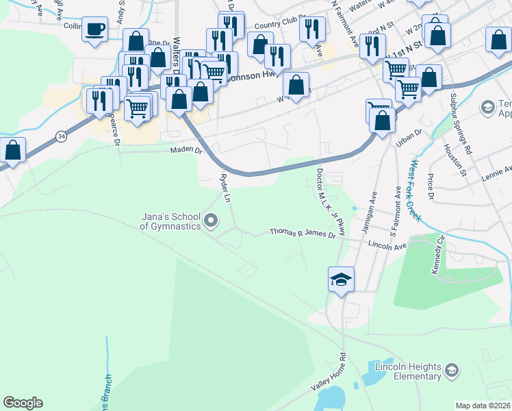 map of restaurants, bars, coffee shops, grocery stores, and more near 415 Ryder Lane in Morristown
