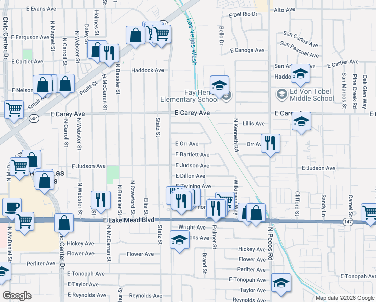 map of restaurants, bars, coffee shops, grocery stores, and more near 3109 East Orr Avenue in North Las Vegas