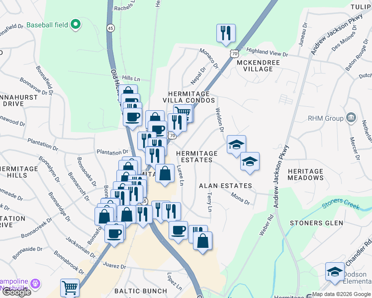 map of restaurants, bars, coffee shops, grocery stores, and more near 8304 Luree Lane in Nashville