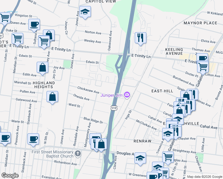 map of restaurants, bars, coffee shops, grocery stores, and more near 838 Cherokee Avenue in Nashville