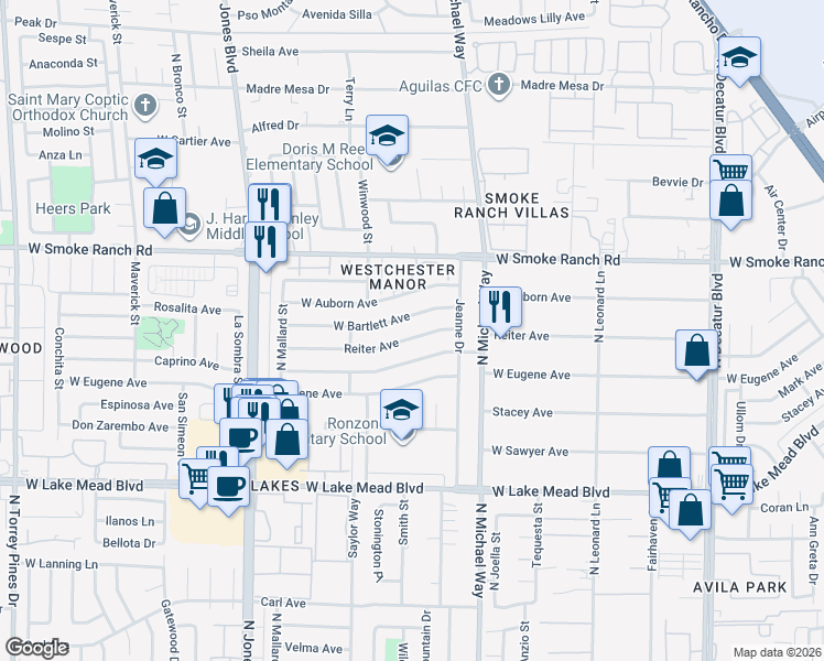 map of restaurants, bars, coffee shops, grocery stores, and more near 5604 West Reiter Avenue in Las Vegas