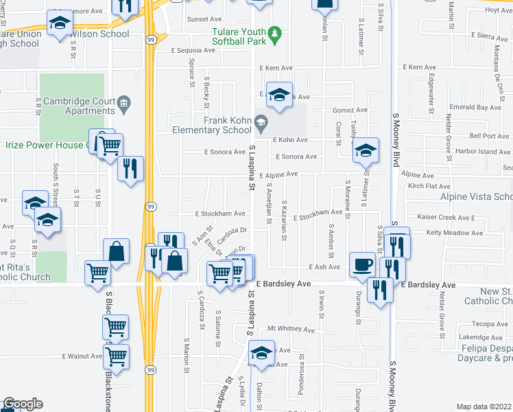 map of restaurants, bars, coffee shops, grocery stores, and more near 798 South Laspina Street in Tulare