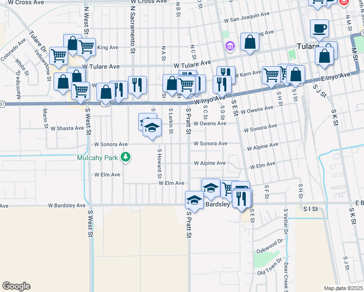 map of restaurants, bars, coffee shops, grocery stores, and more near 825 West Sonora Avenue in Tulare