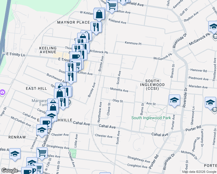 map of restaurants, bars, coffee shops, grocery stores, and more near 2305B Northview Avenue in Nashville