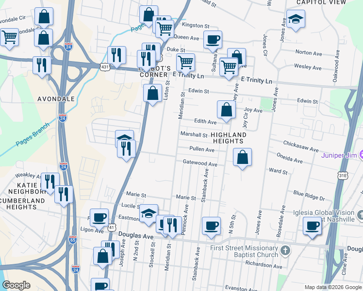 map of restaurants, bars, coffee shops, grocery stores, and more near 1519 Meridian Street in Nashville