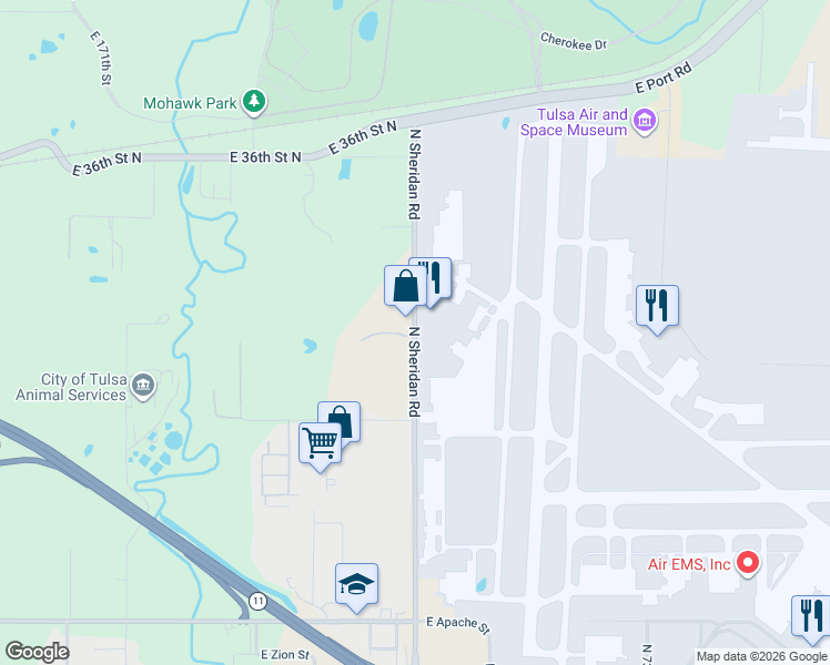map of restaurants, bars, coffee shops, grocery stores, and more near N Sheridan Rd & E 31st St N in Tulsa