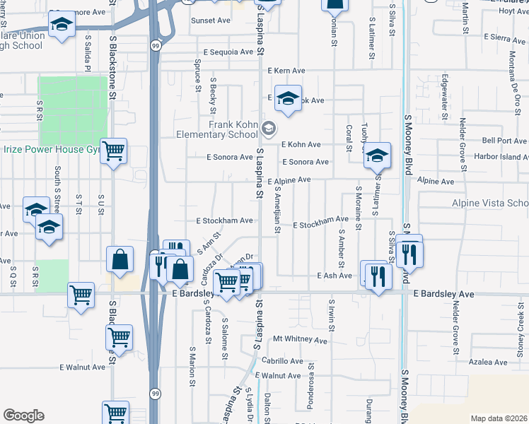 map of restaurants, bars, coffee shops, grocery stores, and more near 798 South Laspina Street in Tulare