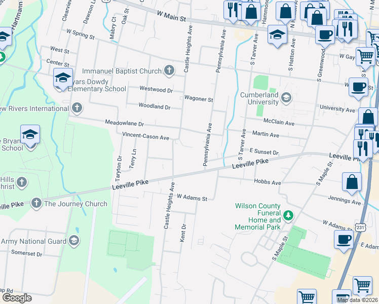 map of restaurants, bars, coffee shops, grocery stores, and more near 615 Moody Court in Lebanon