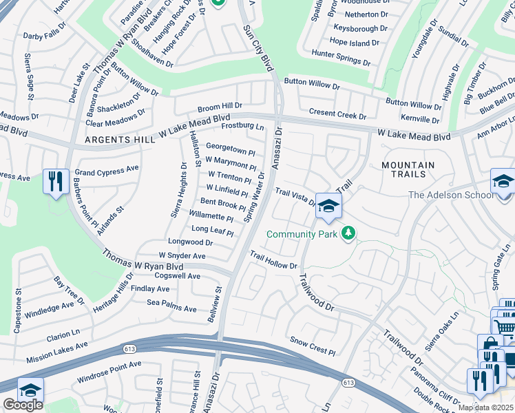 map of restaurants, bars, coffee shops, grocery stores, and more near 2216 Spring Water Drive in Las Vegas