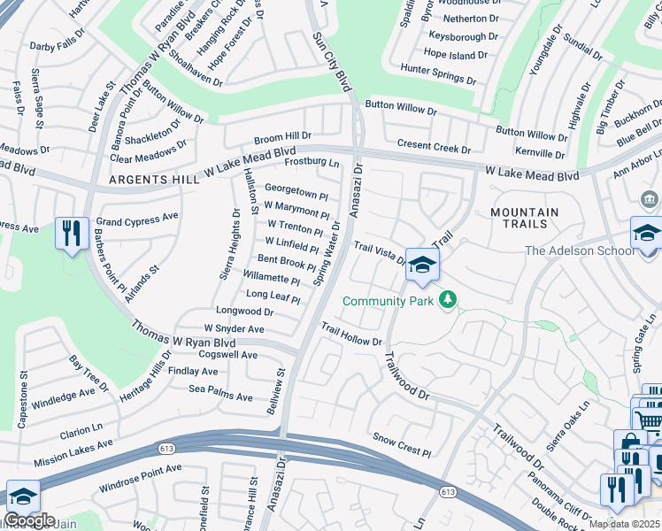 map of restaurants, bars, coffee shops, grocery stores, and more near 2216 Spring Water Drive in Las Vegas