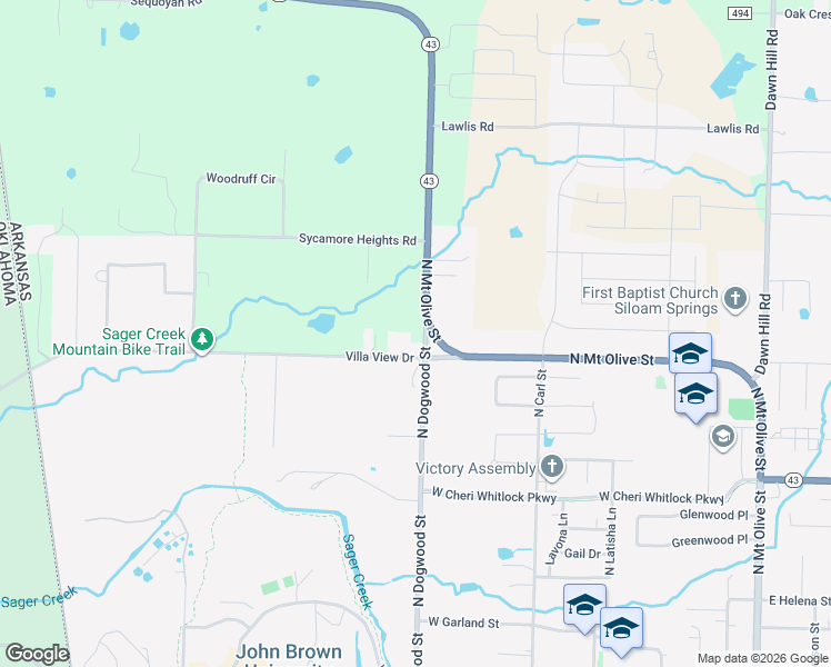 map of restaurants, bars, coffee shops, grocery stores, and more near 1950 North Dogwood Street in Siloam Springs