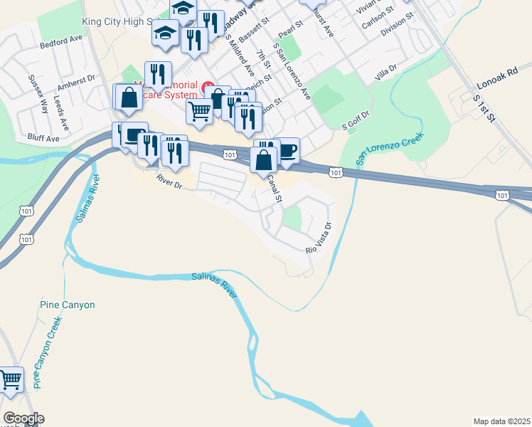 map of restaurants, bars, coffee shops, grocery stores, and more near 201 Rio Vista Drive in King City