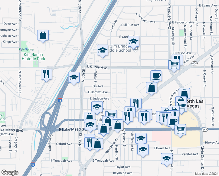 map of restaurants, bars, coffee shops, grocery stores, and more near 2229 Donna Street in North Las Vegas