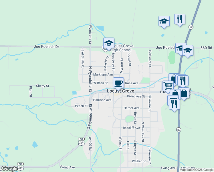 map of restaurants, bars, coffee shops, grocery stores, and more near 121 Mayes in Locust Grove