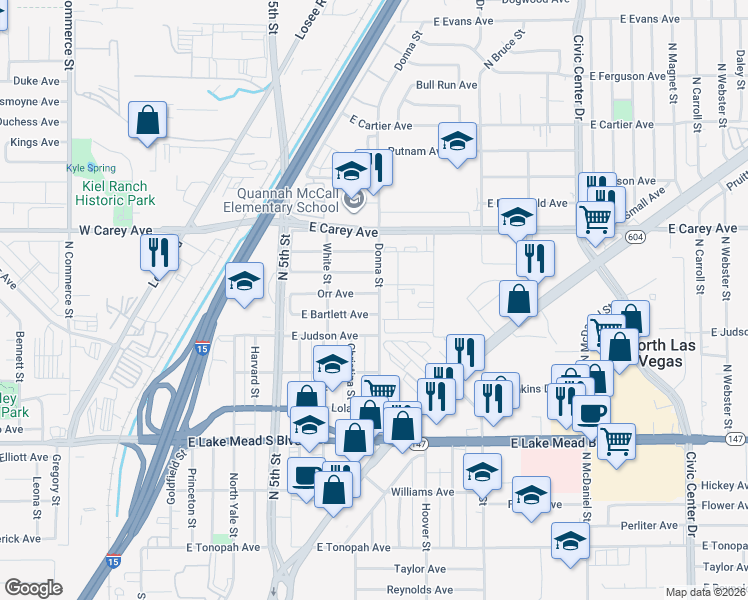 map of restaurants, bars, coffee shops, grocery stores, and more near 2229 Donna Street in North Las Vegas