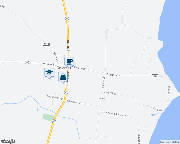 map of restaurants, bars, coffee shops, grocery stores, and more near 304 East River Street in Colerain