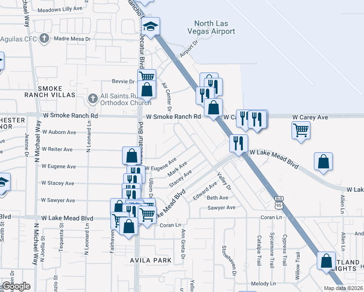map of restaurants, bars, coffee shops, grocery stores, and more near 2313 Valley Drive in Las Vegas