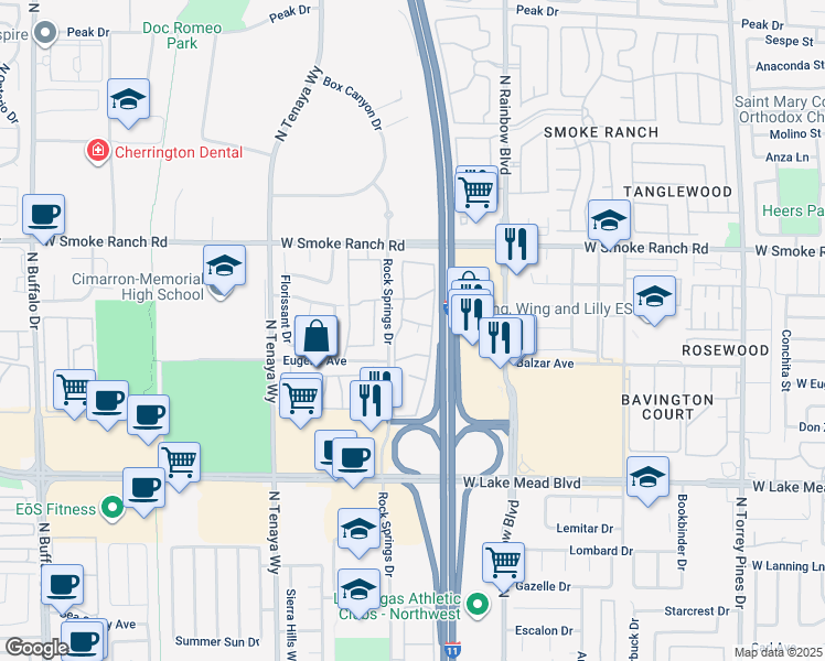map of restaurants, bars, coffee shops, grocery stores, and more near 2 Rock Springs Drive in Las Vegas