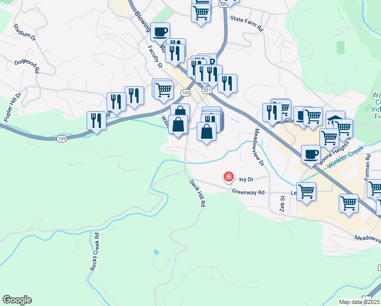 map of restaurants, bars, coffee shops, grocery stores, and more near 383 Winklers Creek Road in Boone