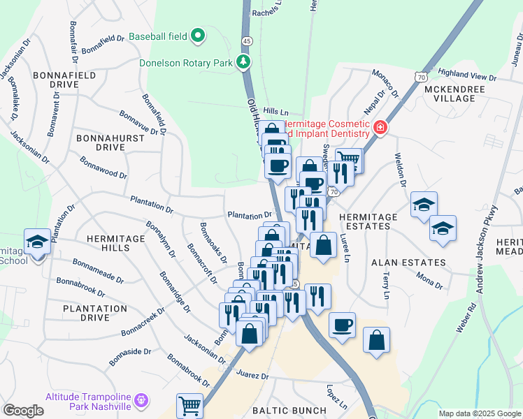 map of restaurants, bars, coffee shops, grocery stores, and more near 4028 Plantation Drive in Nashville