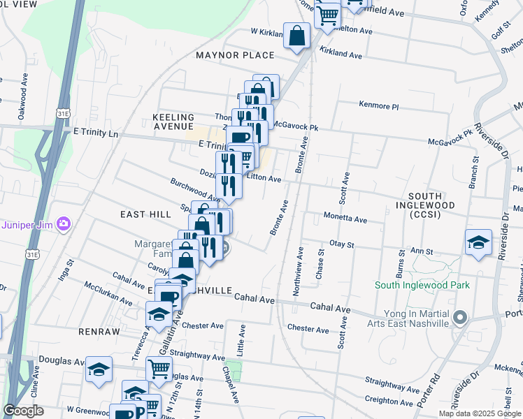 map of restaurants, bars, coffee shops, grocery stores, and more near 1120 Litton Avenue in Nashville
