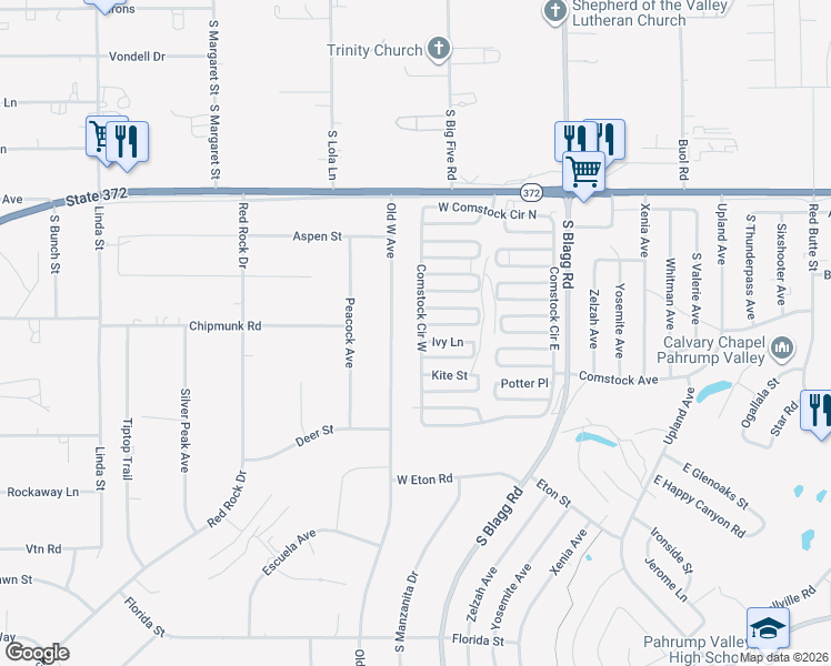 map of restaurants, bars, coffee shops, grocery stores, and more near South Comstock Circle in Pahrump