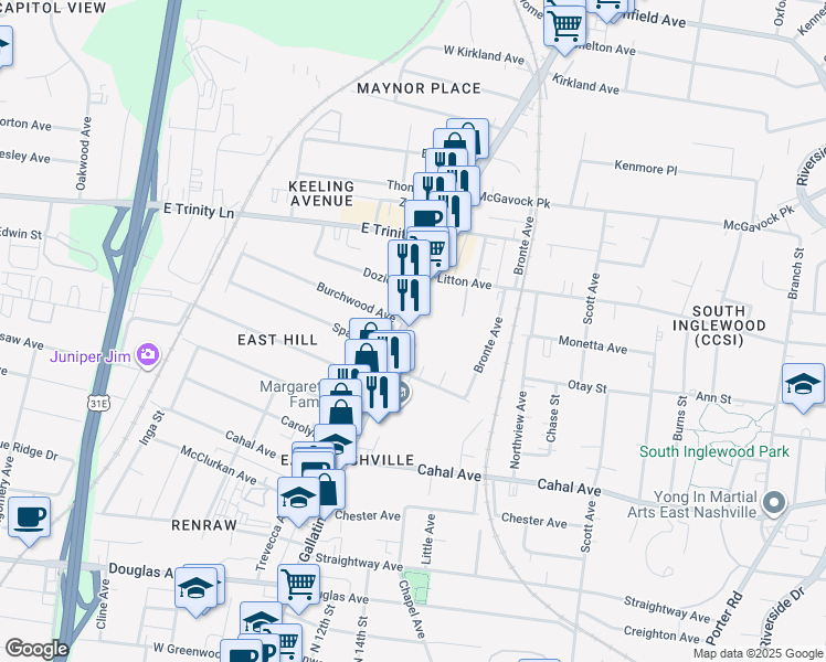 map of restaurants, bars, coffee shops, grocery stores, and more near 2806 Gallatin Pike in Nashville