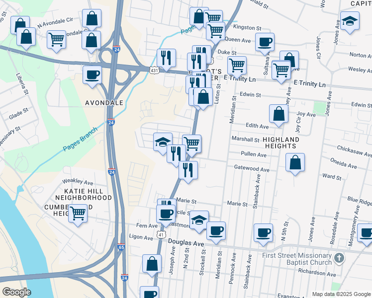 map of restaurants, bars, coffee shops, grocery stores, and more near 1506B Dickerson Pike in Nashville
