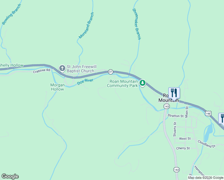 map of restaurants, bars, coffee shops, grocery stores, and more near 133 Freeman Road in Roan Mountain