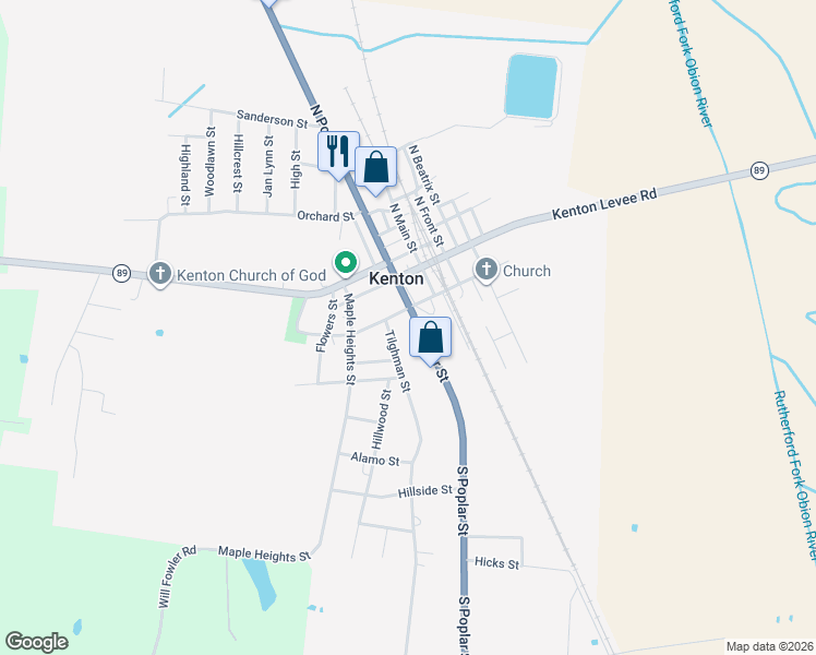 map of restaurants, bars, coffee shops, grocery stores, and more near 302 S Poplar St in Kenton