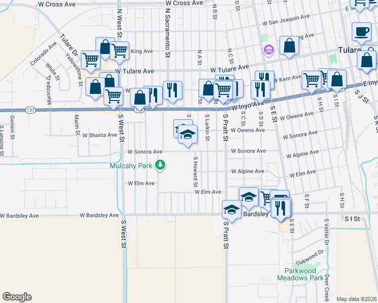 map of restaurants, bars, coffee shops, grocery stores, and more near 1001 West Sonora Avenue in Tulare