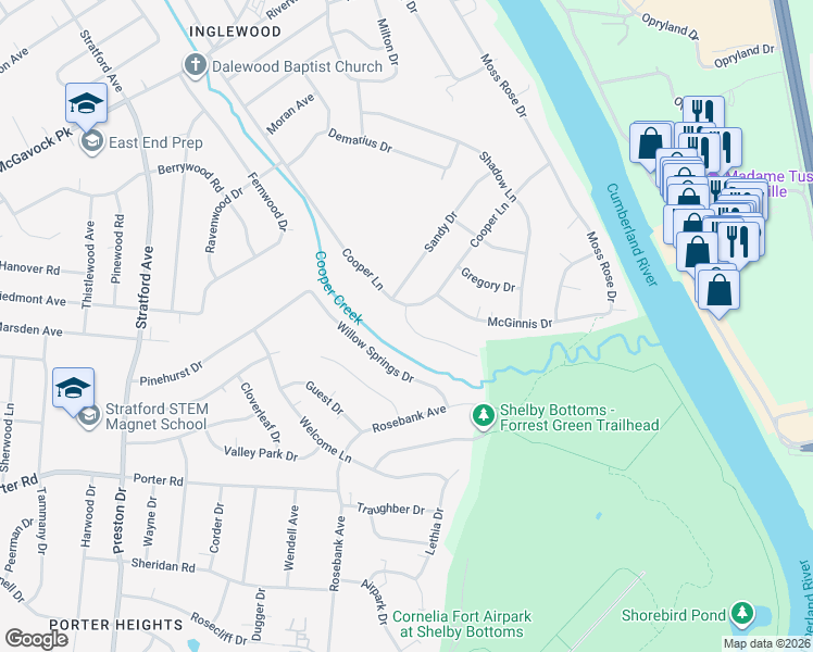 map of restaurants, bars, coffee shops, grocery stores, and more near 2310 Cooper Terrace in Nashville