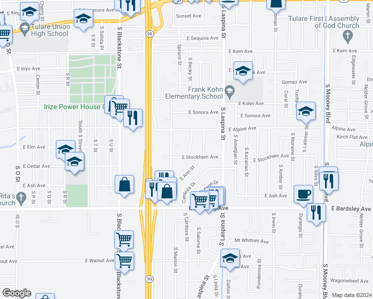 map of restaurants, bars, coffee shops, grocery stores, and more near 771 South Whitney Street in Tulare