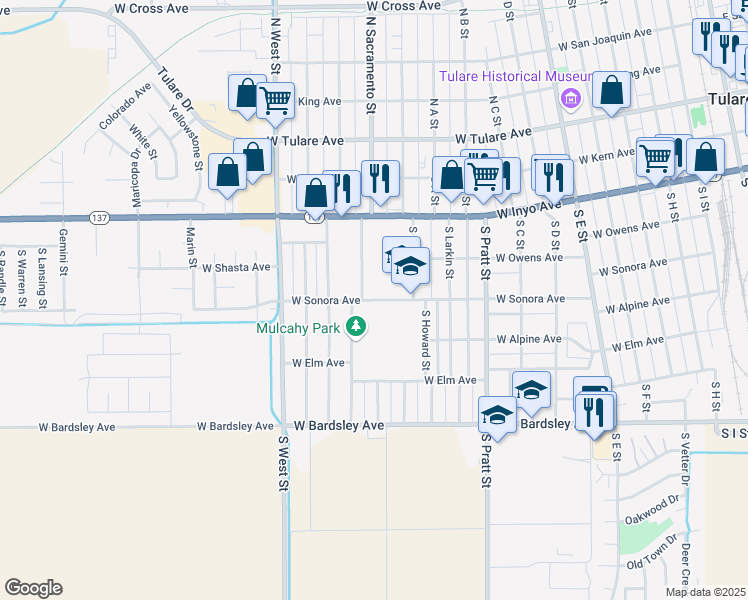 map of restaurants, bars, coffee shops, grocery stores, and more near 1046 West Sonora Avenue in Tulare