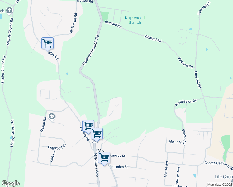 map of restaurants, bars, coffee shops, grocery stores, and more near 2505 Dodson Branch Road in Cookeville