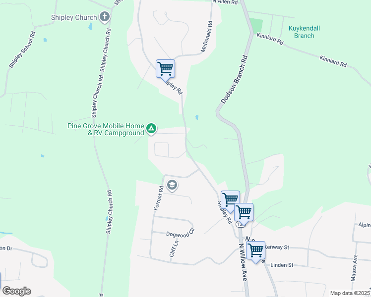map of restaurants, bars, coffee shops, grocery stores, and more near 1310 Crabtree Circle in Cookeville