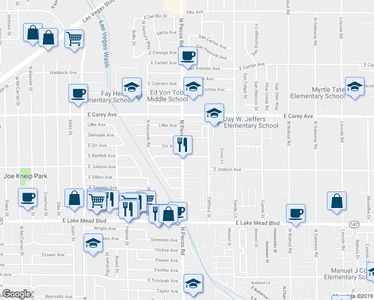 map of restaurants, bars, coffee shops, grocery stores, and more near 2260 North Pecos Road in Las Vegas