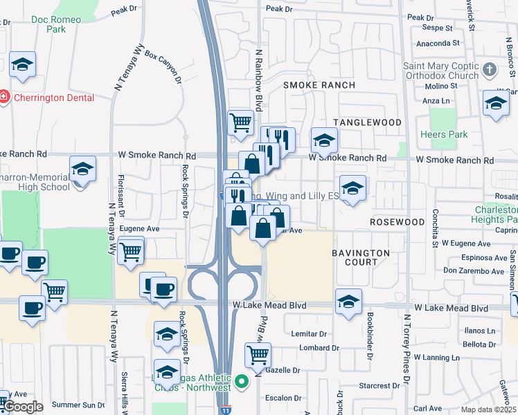 map of restaurants, bars, coffee shops, grocery stores, and more near 2109 North Rainbow Boulevard in Las Vegas