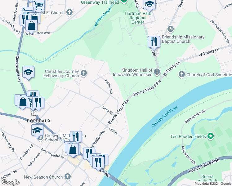 map of restaurants, bars, coffee shops, grocery stores, and more near 4106 Powell Street in Nashville