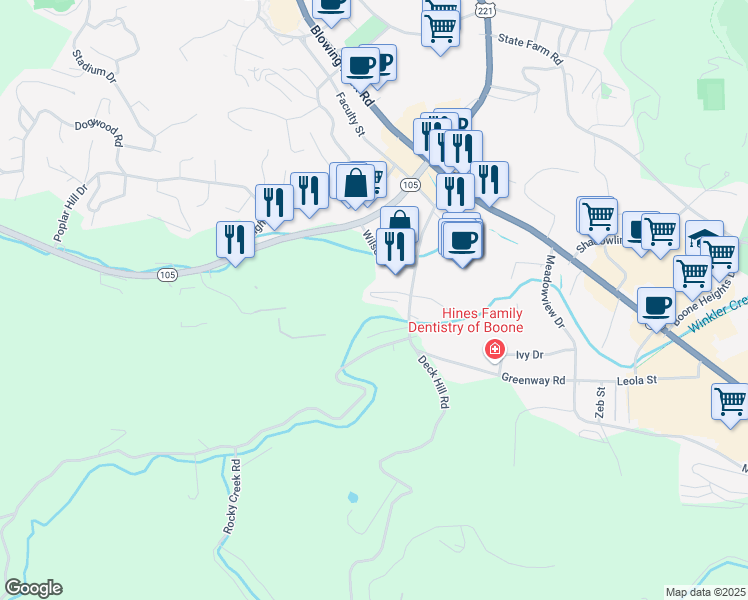 map of restaurants, bars, coffee shops, grocery stores, and more near 234 Rushing Creek Drive in Boone