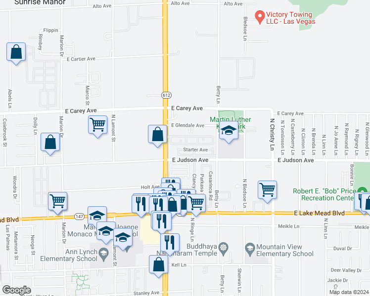 map of restaurants, bars, coffee shops, grocery stores, and more near 5174 Starter Avenue in Las Vegas
