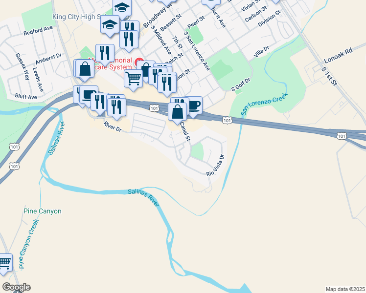 map of restaurants, bars, coffee shops, grocery stores, and more near 119 River Drive in King City