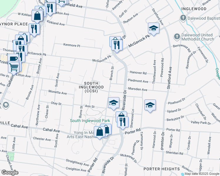 map of restaurants, bars, coffee shops, grocery stores, and more near 2407 Branch Street in Nashville