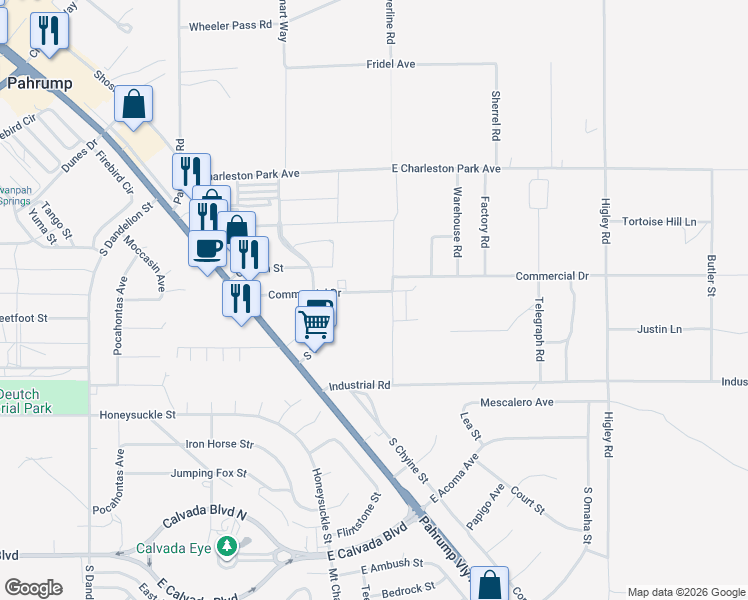 map of restaurants, bars, coffee shops, grocery stores, and more near 2451 Commercial Drive in Pahrump